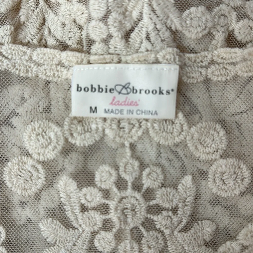 BOBBIE BROOKS Medium Shear Beige Sleeveless Embroidered Womens Lace Blouse - Picture 4 of 5